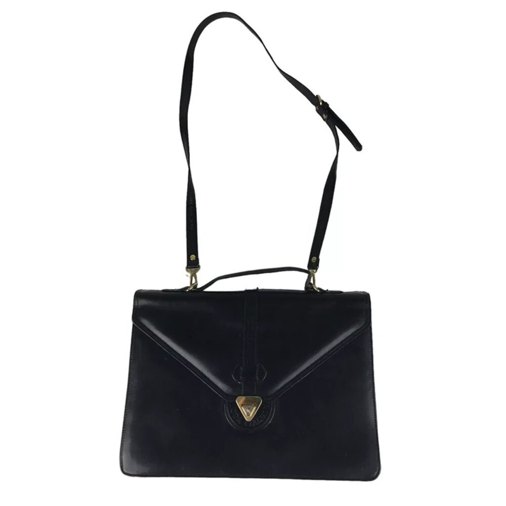 Moda Italiana Unisex‎ Black Leather Inner Dividers Detachable Strap Shoulder Bag